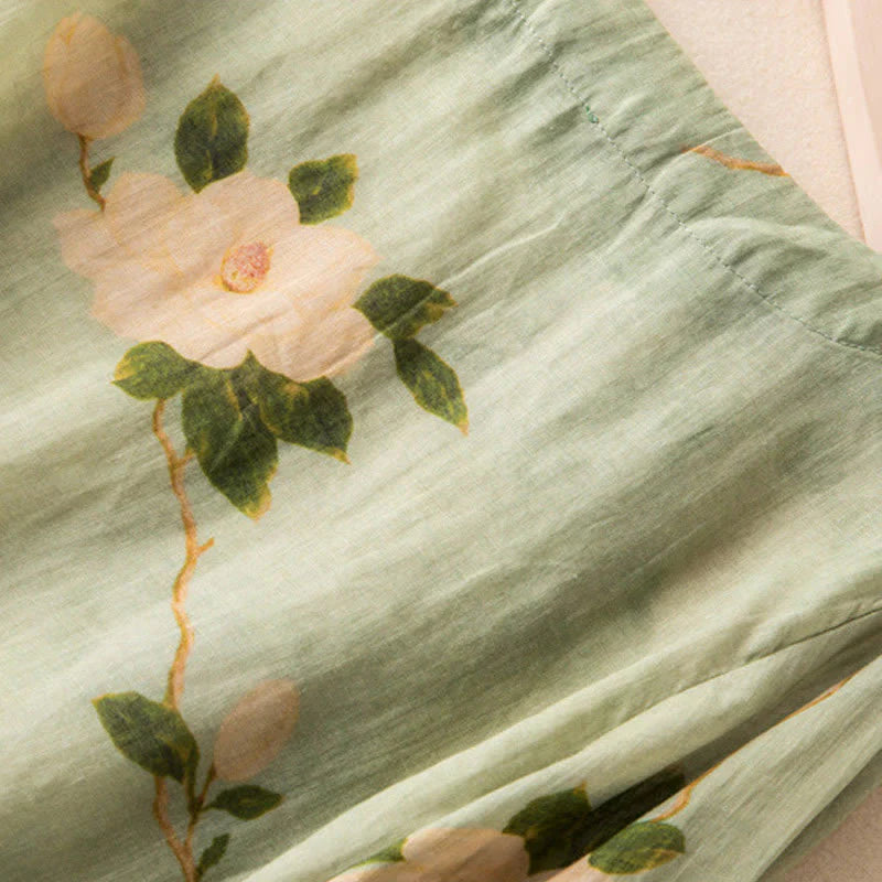 Buddha Stones Lightgreen Casual Artistic Printing Flower Pattern Chinese Frog-Button Design Women's Cotton Linen Long Sleeve Shirt Cardigan