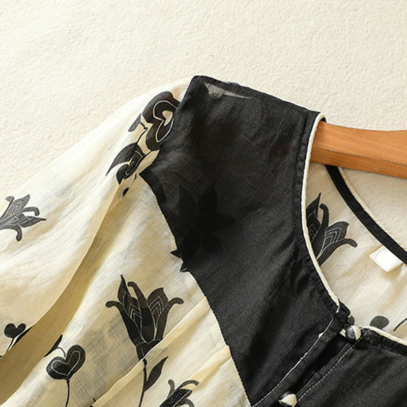 Buddha Stones Printing Floral Buttons Color Contrast Half Sleeve Women's Shirt