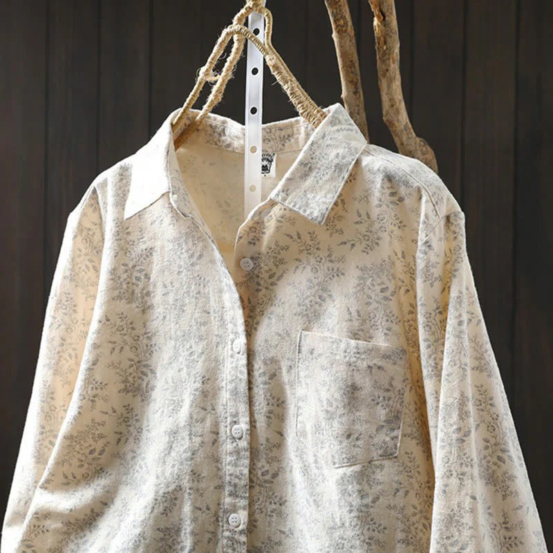 Buddha Stones Fall Floral Print Design Buttons Women's Cotton Long Sleeve Shirt