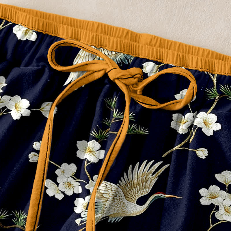 Buddha Stones Pure Cotton Crane Plum Blossom Elastic Waist Women's Pants With Pockets