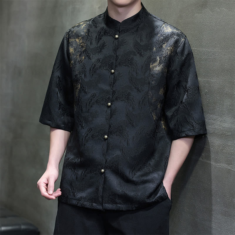 Buddha Stones Textured Jacquard Bagua Pattern Button Tang Suit Men's Half Sleeve Cotton Shirt