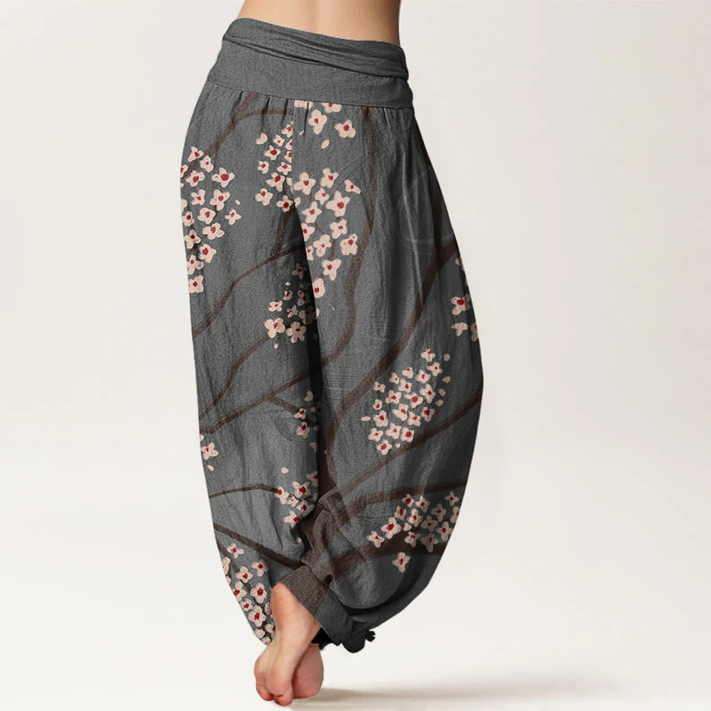 Buddha Stones Cotton Casual Plum Blossom Branch Pattern Women's Elastic Waist Harem Pants