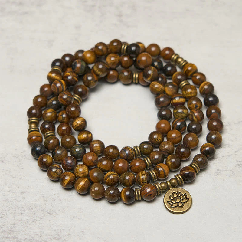 Buddha Stones Lotus Symbol Tiger Eye Beaded Strength Mala