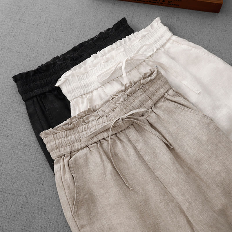 Buddha Stones Casual High Waist Ruffled Drawstring Design Women's Wide Leg Cotton Pants With Pockets