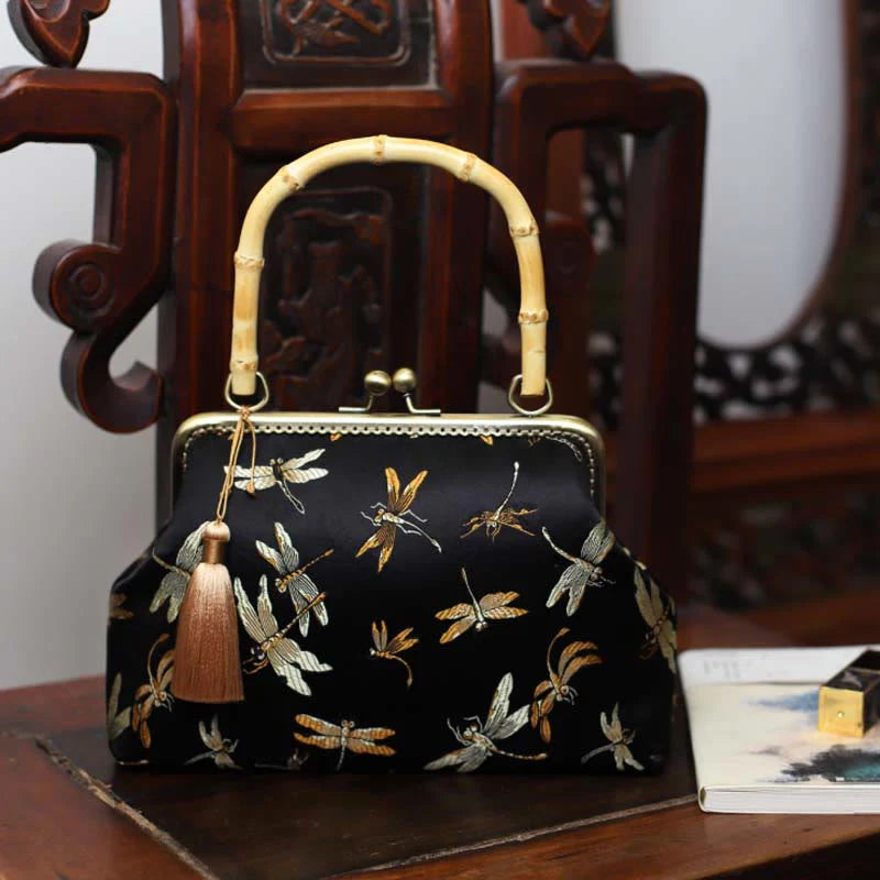 Buddha Stones Dragonfly Crane Bamboo Leaves Plum Blossom Bamboo Handles Handbag (Extra 30% Off | USE CODE: FS30)