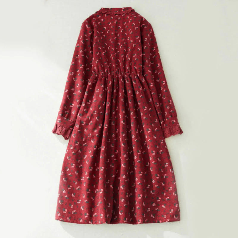 Buddha Stones Floral Pattern Lace Patchwork Design Long Sleeve Corduroy Midi Dress With Pockets