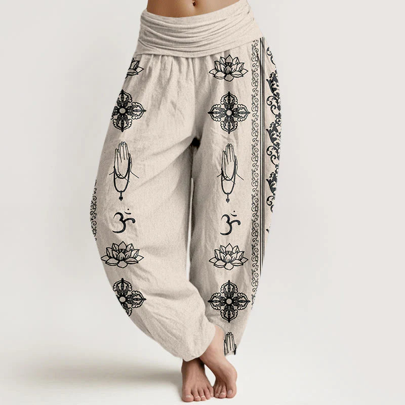 Buddha Stones Cotton Lotus Flowers Double Dorje Vajra Namaste Om Design Women's Elastic Waist Harem Pants