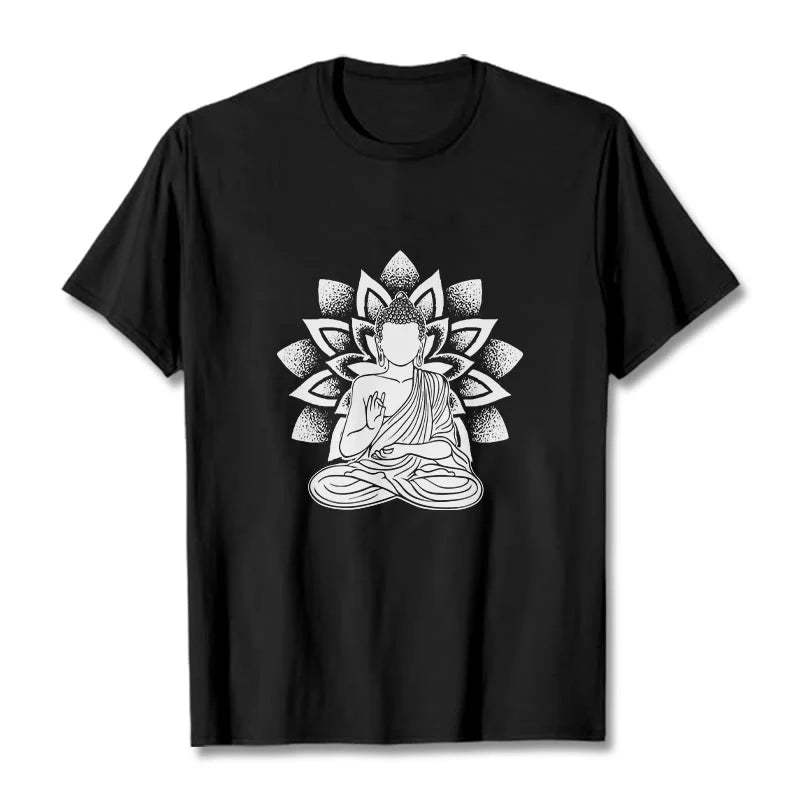 Buddha Stones Seated Buddha Lotus Flower Pattern Tee T-shirt