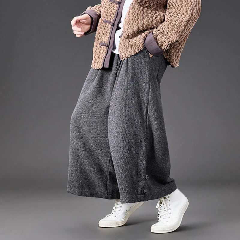 Buddha Stones Winter Chinese Frog-Button Design Corduroy Thermal Men's Wide Leg Pants With Pockets