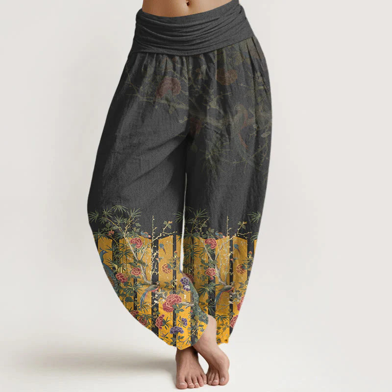 Buddha Stones Cotton Gorgeous Peacock Flower Pattern Women's Elastic Waist Harem Pants