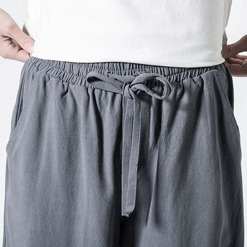 Buddha Stones Drawstring Elastic Waist Ankle-Length Men's Cotton Pants With Pockets