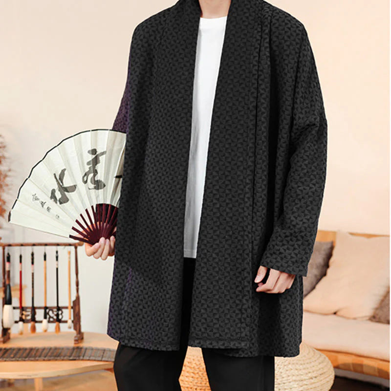 Buddha Stones Winter Jacquard Simple Design Men's Cotton Long Sleeve Kimono