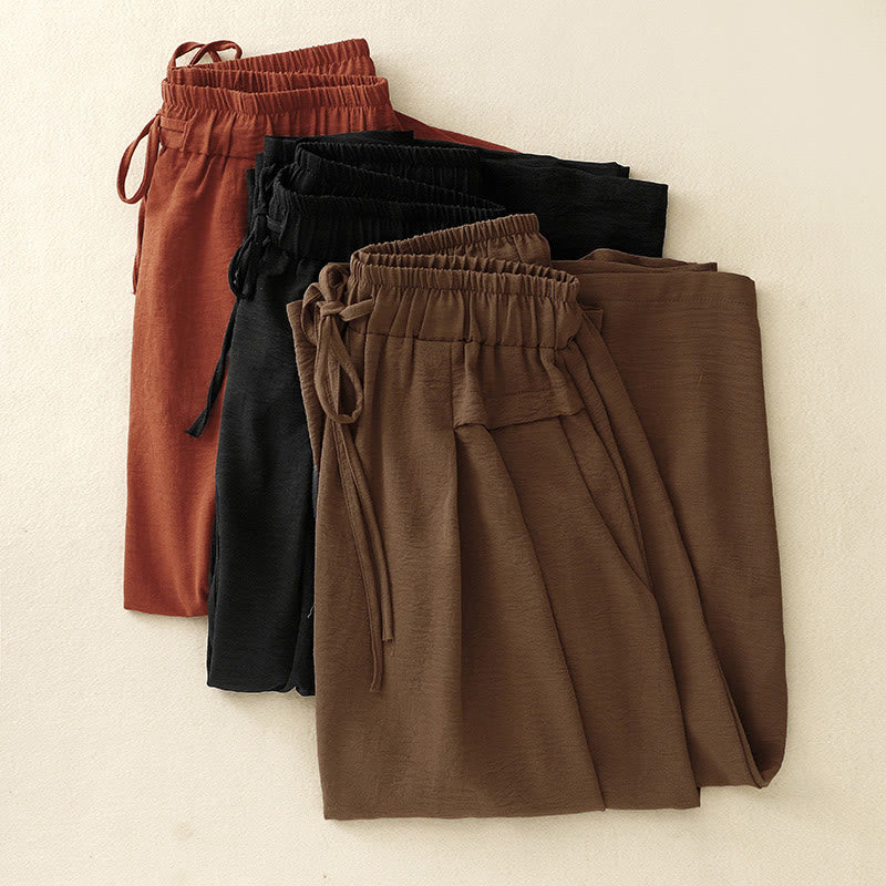 Buddha Stones Causal Ethnic Simple Drawstring Design Women's Wide Leg Cropped Pants With Pockets