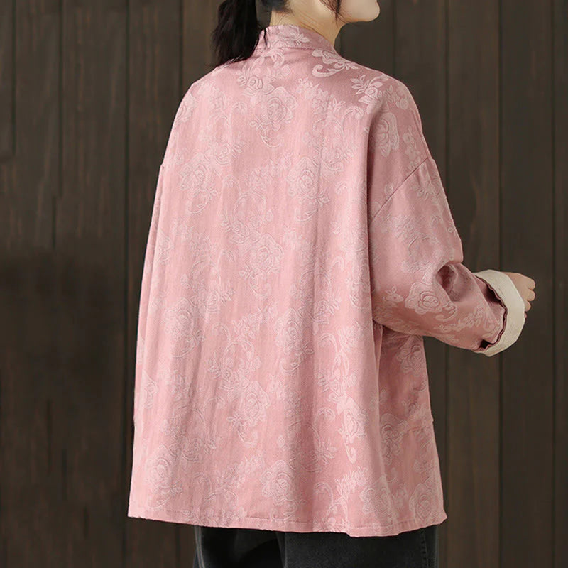 Buddha Stones Fall Floral Print Frog-Button Stand Collar Long Sleeve Women's Cotton Shirt