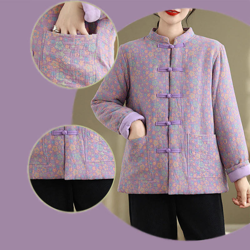 Buddha Stones Women's Winter Thicken Cotton Floral Pattern Long Sleeve Jacket With Pockets