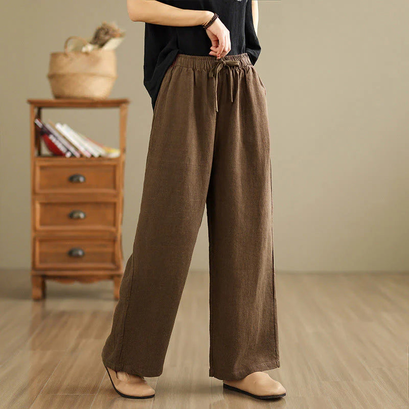 Buddha Stones Commute Retro Solid Color Women's Harem Drawstring Cotton Pants With Pockets