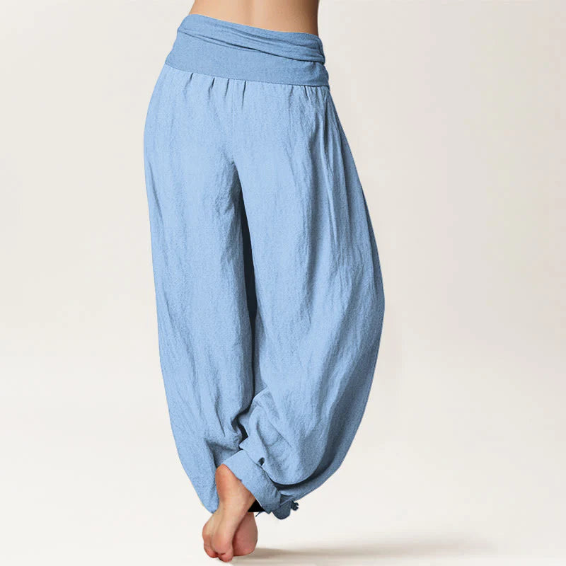 Buddha Stones Pure Cotton Light Sky Blue Women's Elastic Waist Harem Pants