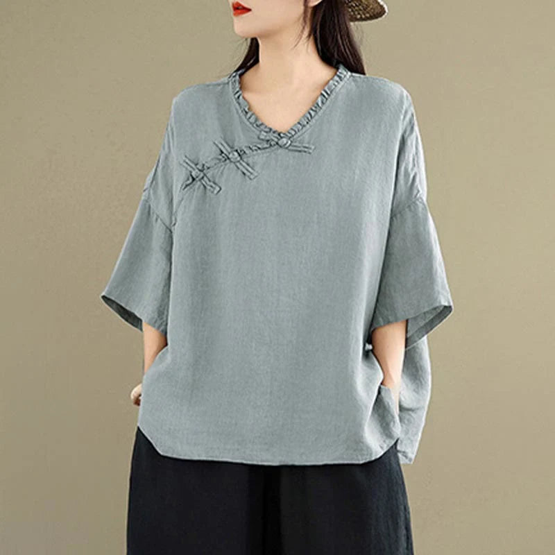 Buddha Stones Spring V-Neck Frog-Button Long Sleeve Plain Women's Cotton Shirt
