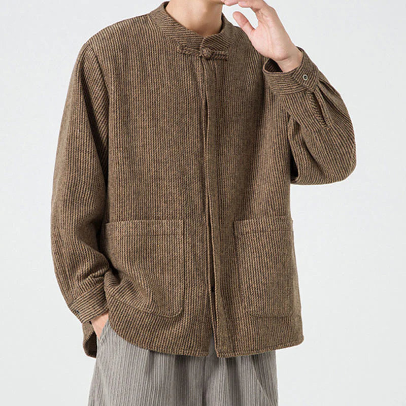 Buddha Stones Solid Color Frog-Button Long Sleeve Men's Cotton Corduroy Jacket With Pockets