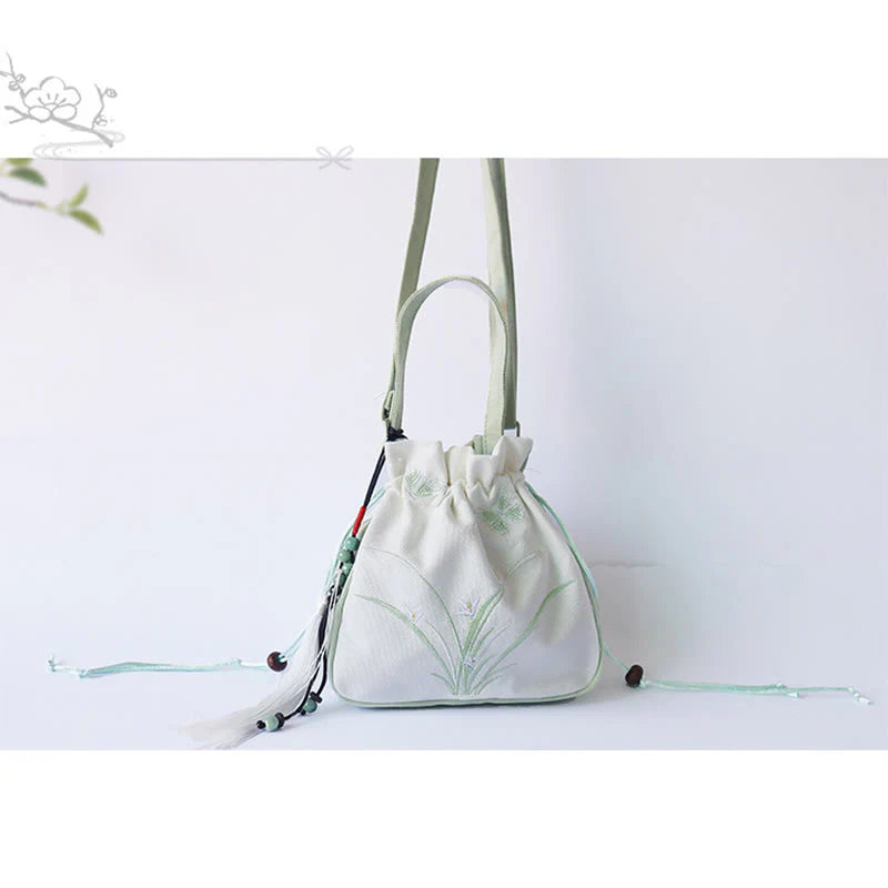 Buddha Stones Handmade Embroidered Flowers Canvas Tote Shoulder Bag Handbag