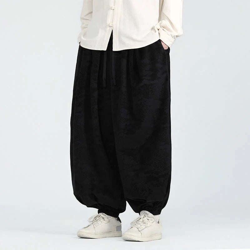 Buddha Stones Fall Plain Jacquard Design Drawstring Men's Harem Pants With Pockets