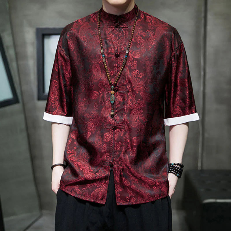 Buddha Stones Summer Cashew Flowers Pattern Men's Frog-Button Half Sleeve Shirts
