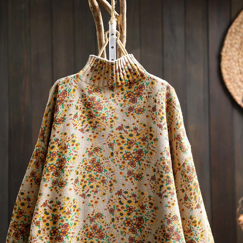 Buddha Stones Women's Knitted Floral Cotton Ribbed Hem Long Sleeve Mock Neck Sweater