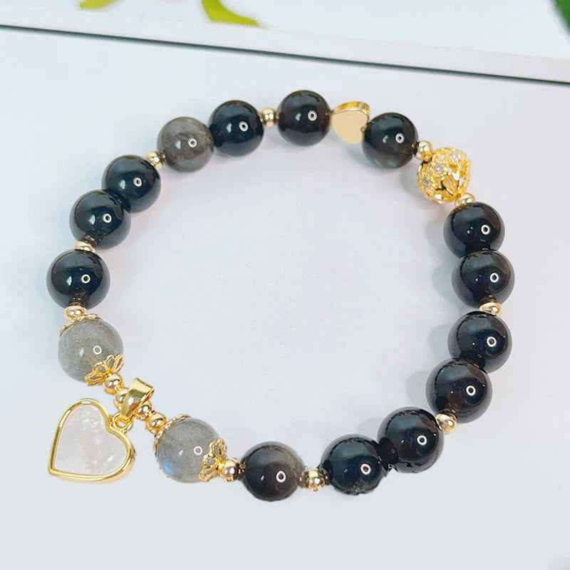 Buddha Stones Natural Silver Sheen Obsidian Love Heart Star Flower Protection Bracelet