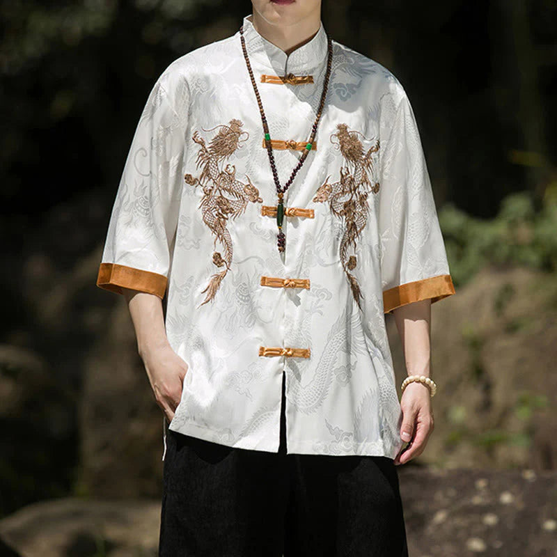 Buddha Stones Embroidered Dragon Pattern Colorblock Design Tang Suit Men's Frog-Button Half Sleeve Shirt