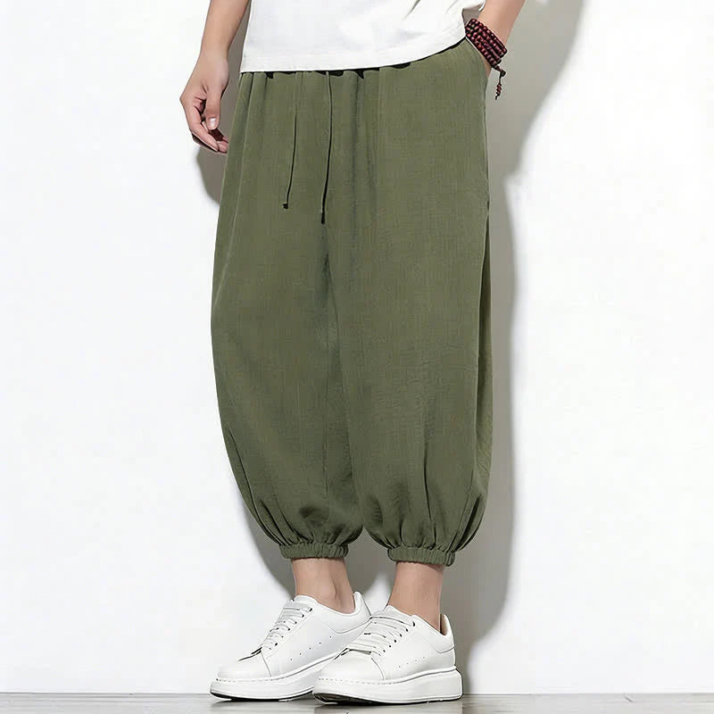Buddha Stones Spring Solid Color Drawstring Elastic Design Men's Harem Capri Pants
