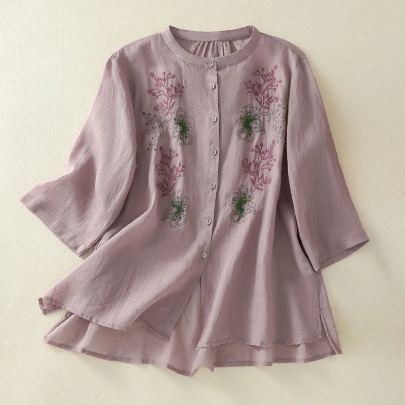 Buddha Stones Embroidery Pleated Design Stand Collar Three Quarter Sleeve Side Slit Hem Women's Cotton Shirt