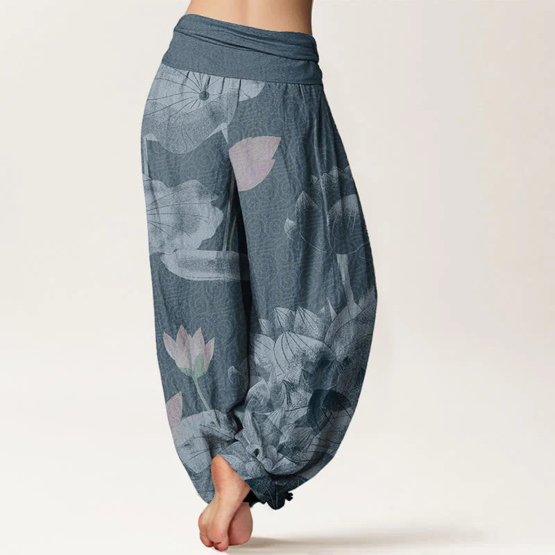 Buddha Stones Cotton Pink And White Lotus Women's Elastic Waist Harem Pants