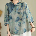 Buddha Stones PLUS SIZE Blue Jacaranda Flower Design Three Quarter Sleeve Ramie Linen Shirt
