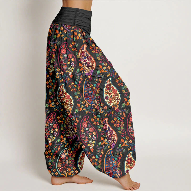 Buddha Stones Cotton Brightly Colored Retro Flowers Leaves Pattern Women's Elastic Waist Harem Pants