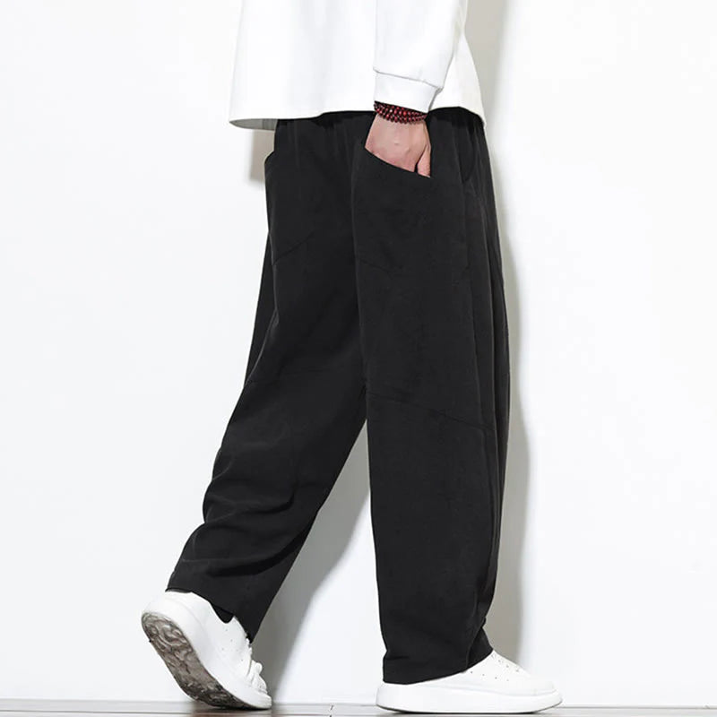 Buddha Stones Drawstring Solid Color Tapered Design Cotton Corduroy Men's Harem Pants With Pockets