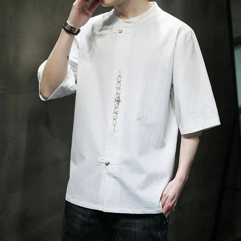 Buddha Stones Casual Solid Color Frog-Button Embroidery Men's Cotton Linen Shirt Cardigan