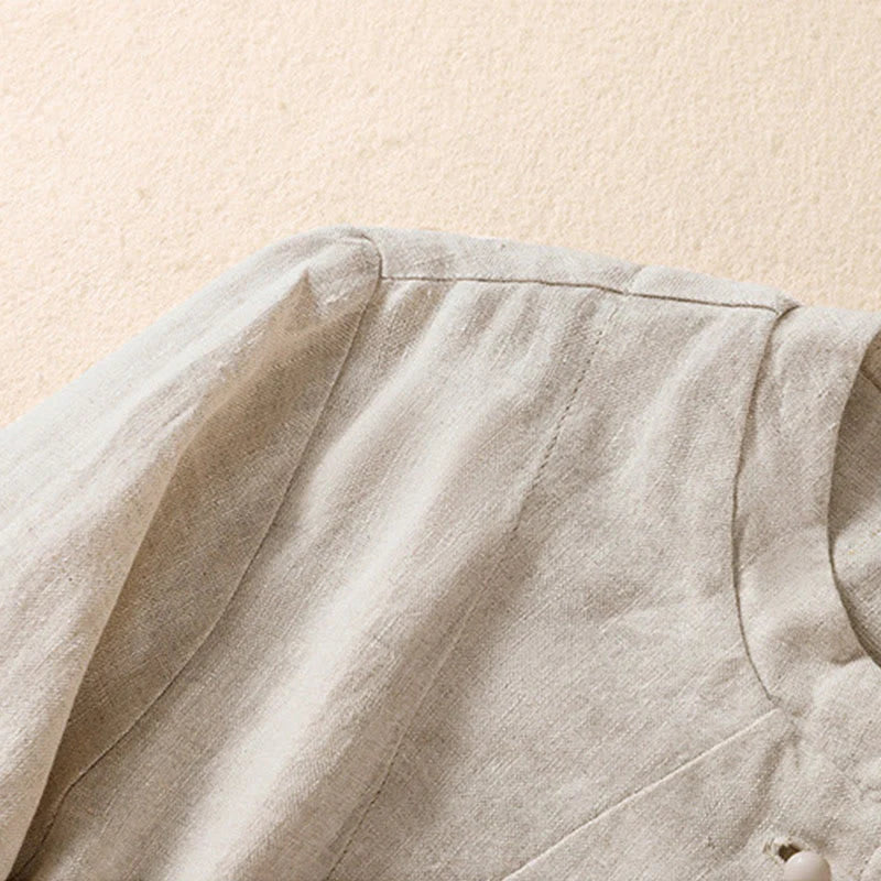 Buddha Stones Women's Cotton Linen Stand Collar Long Sleeve Shirt With Pockets