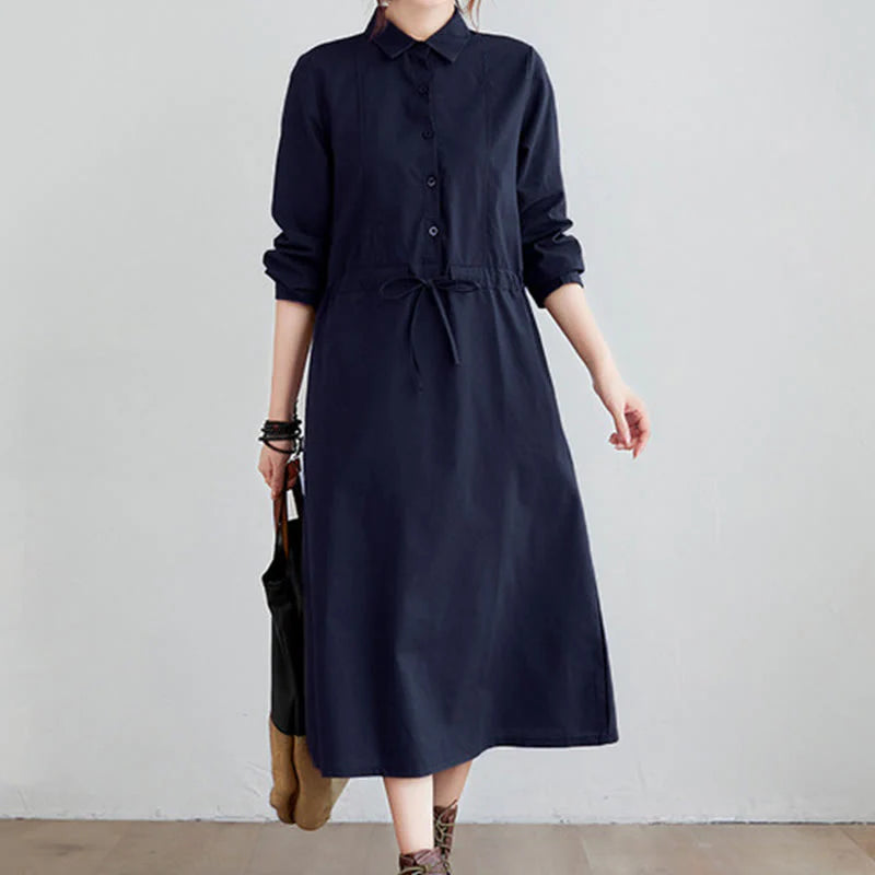 Buddha Stones Fall Solid Color Lace-Up Design Lapel Long Sleeve Cotton Midi Dress With Pockets