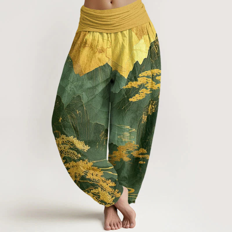 Buddha Stones Cotton Casual Mountains Trees Branches Pattern Women's Elastic Waist Harem Pants