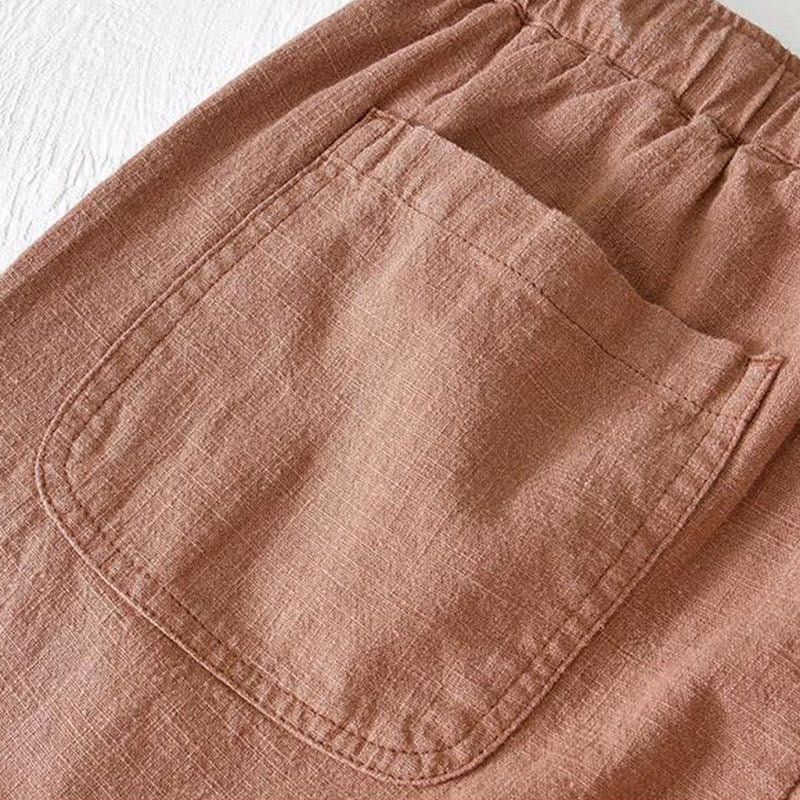 Buddha Stones Summer Solid Color Drawstring Elastic Waist Men's Cotton Linen Shorts With Pockets