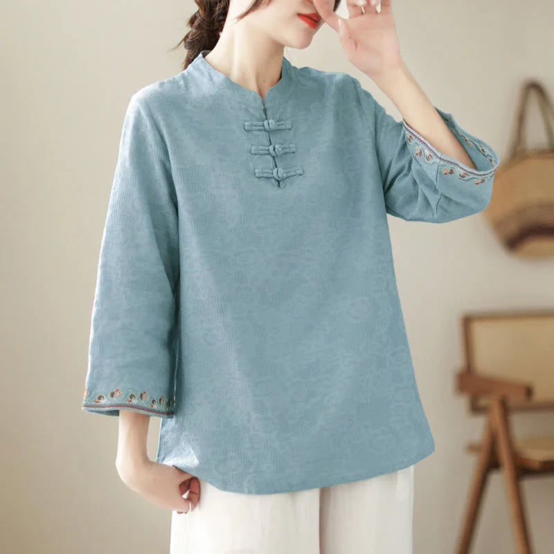 Buddha Stones Jacquard Frog-button Stand Collar Embroidered Three Quarter Sleeve Design Women's Cotton Shirt