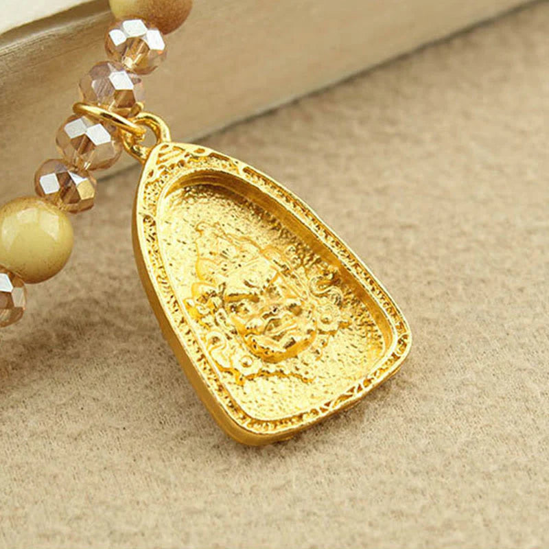 Buddha Stones Tibetan Lotus Round Plate Golden Tiger Eye Beads Necklace Pendant