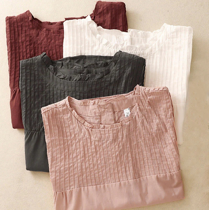 Buddha Stones Summer Pure Color Ruffled Pleated Design Women's Cotton Short Sleeve Shirt