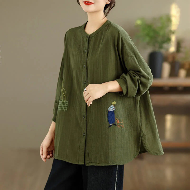 Buddha Stones Fall Embroidery Human Figure Dog Pattern Round Neck Buttons Women's Long Sleeve Shirt