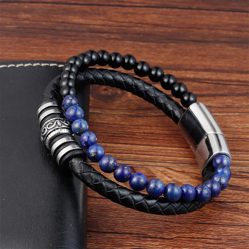 Buddha Stones Black Onyx Lazurite Lapis Lazuli Titanium Steel Fortune Calm Leather Bracelet