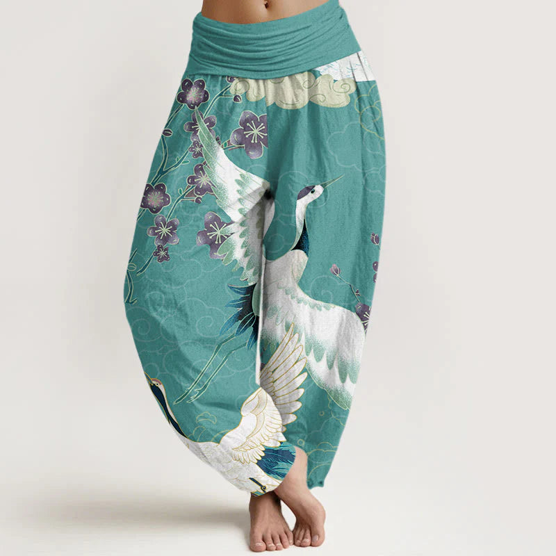 Buddha Stones Pure Cotton Cranes Flowers Auspicious CloudsÂ Pattern Women's Elastic Waist Harem Pants