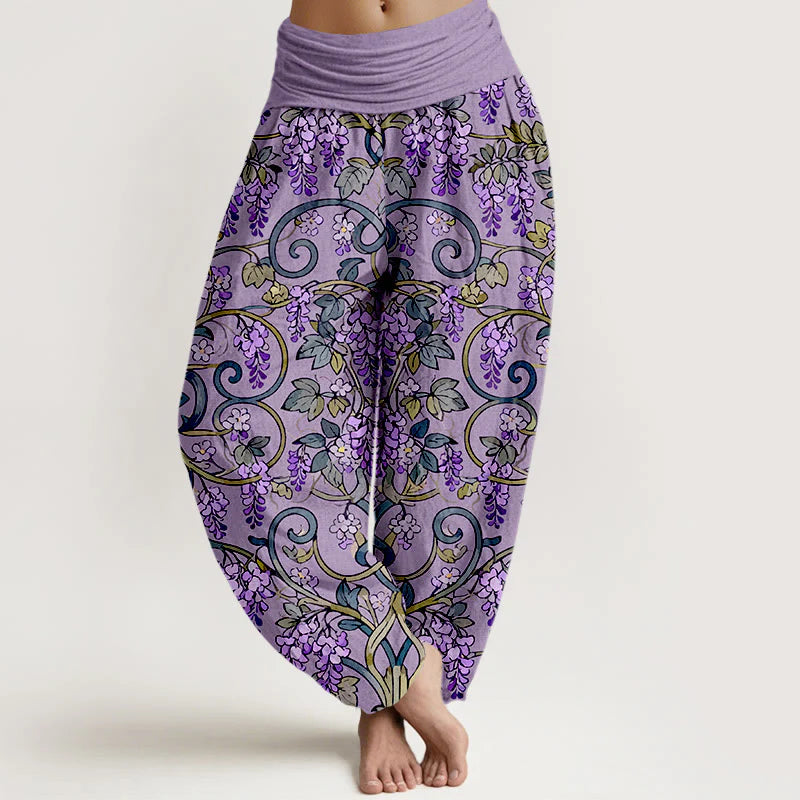 Buddha Stones Pure Cotton Retro Gorgeous Wisteria Women's Elastic Waist Harem Pants