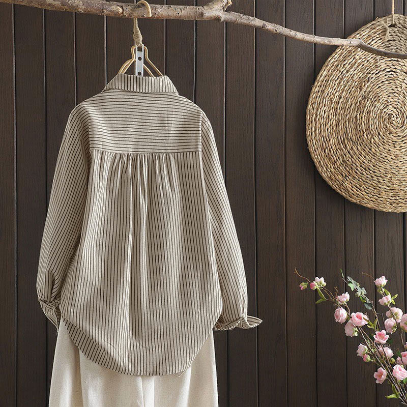 Buddha Stones Fall Stripe Stand Collar Buttons Women's Long Sleeve Shirt With Pocket
