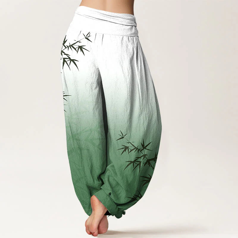 Buddha Stones Casual Bamboo Leaves Gradient Pattern Pure Cotton Women's Elastic Waist Harem Pants