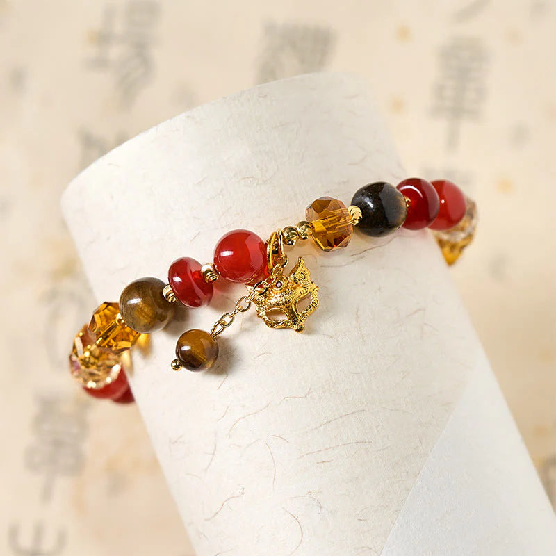 Buddha Stones Red Agate Tiger Eye Fox Charm Calm Beaded Bracelet